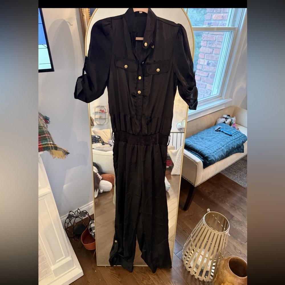 Lucy Paris Black Satin Jumpsuit with Gold Accents Size Large